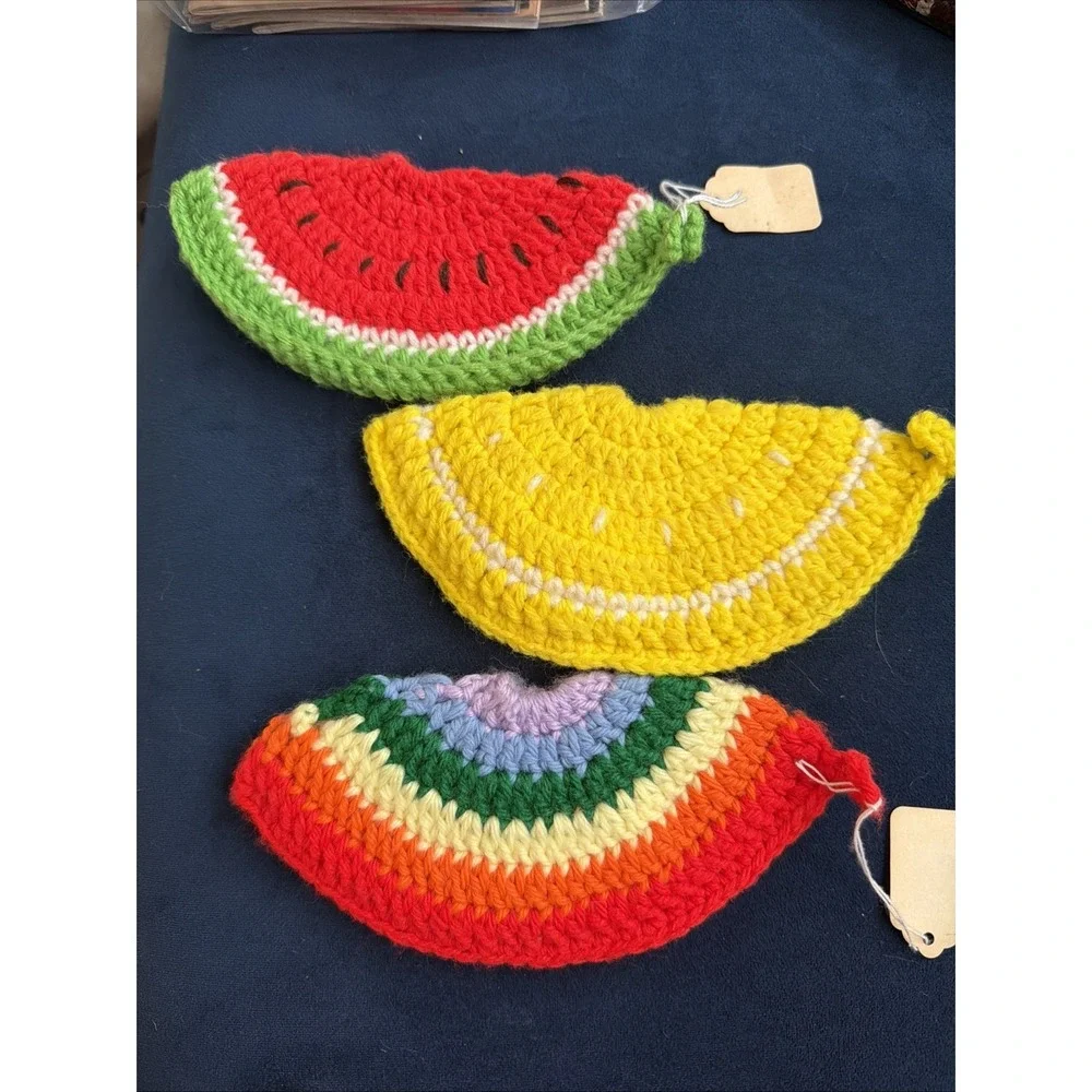 Vtg Lot Of 3 Handmade Crocheted Watermelon, Lemon, Rainbow Potholders 7